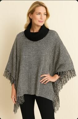 Talbots Black White  M L Houndstooth Fringe Cape Poncho Cowl Neck Classic Office